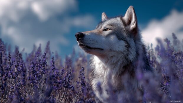 Nature wolf backgrounds, a striking wolf emerging from a field of lavender under a blue sky.