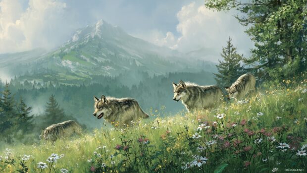 Nature wolf backgrounds, wolves gracefully traversing a lush green meadow with wildflowers in bloom.
