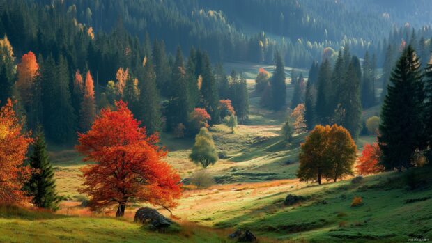 November desktop HD wallpaper, a peaceful meadow surrounded by trees adorned with red and orange foliage in HD.