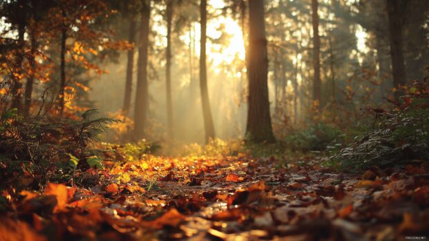 November desktop wallpaper, golden hour light filtering through an autumn forest with a carpet of leaves in HD.