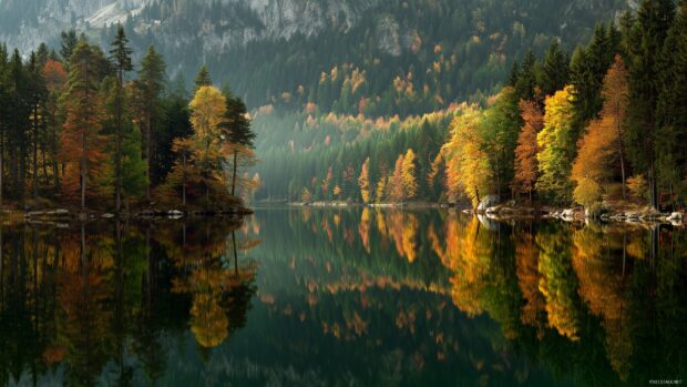 November desktop wallpaper, serene lakeside view with colorful autumn leaves reflecting on water in HD.