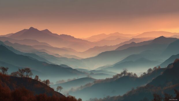 November scenery wallpaper, misty mountains enveloped in autumn colors at dawn creating a tranquil atmosphere in 3D.