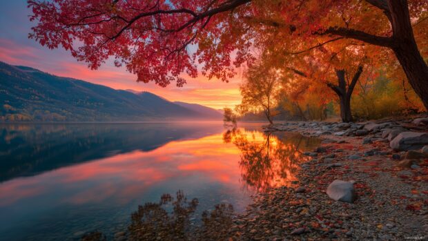 November scenery wallpaper, peaceful lakeshore with vibrant autumn foliage reflecting on calm waters at sunset in 4K.