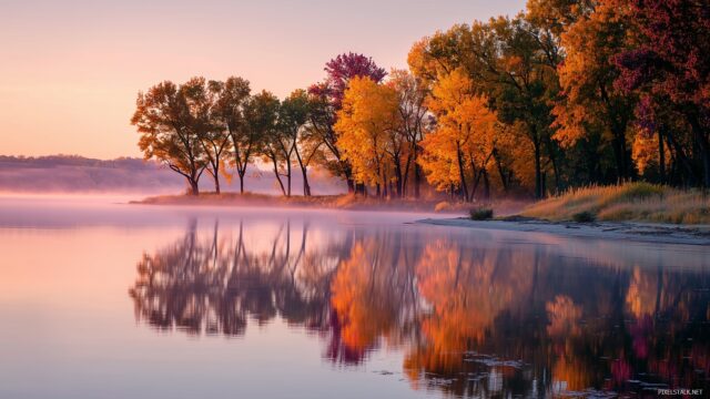 October Desktop Wallpaper, A Peaceful Lakeside View At Dawn With Mist Rising And Trees Glowing In Fall Colors