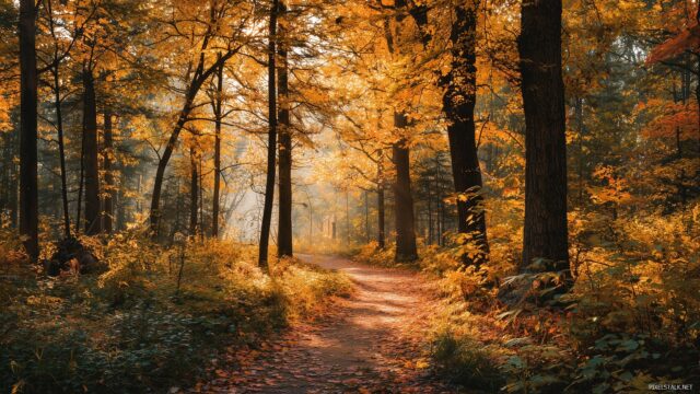 October Desktop Wallpaper Ultra HD, A Scenic View Of A Forest Trail Blanketed With Golden Leaves And Soft Sunlight Filtering Through The Trees