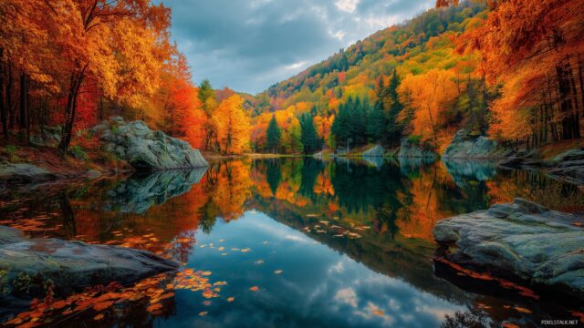 October HD Wallpaper For Desktop Computer, A Vibrant Autumn Landscape Featuring Colorful Foliage And A Serene Lake Surrounded By Trees