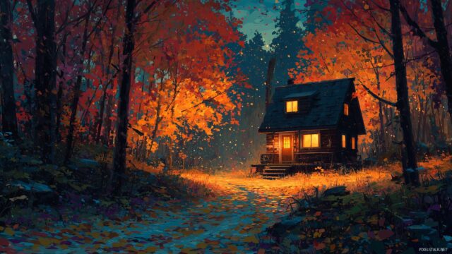 October Wallpaper, A Cozy Cabin In The Woods With Falling Leaves And A Warm Glow From The Windows