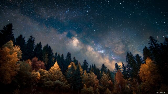 October Wallpaper HD For Mac, A Dreamy Night Sky Filled With Stars Over A Tranquil Forest Scene In Fall Colors