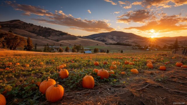 October Wallpaper Free Download, A Sunset Scene Over A Pumpkin Patch With Rolling Hills And A Clear Sky