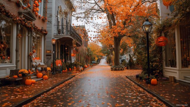 October Wallpaper High Resolution, A Vibrant Street Adorned With Halloween Decorations And Fallen Leaves On A Crisp Day