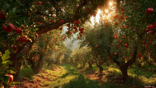 October Best Quality Desktop Wallpaper, An Expansive View Of An Orchard Filled With Ripe Apples Under Bright Autumn Sunlight