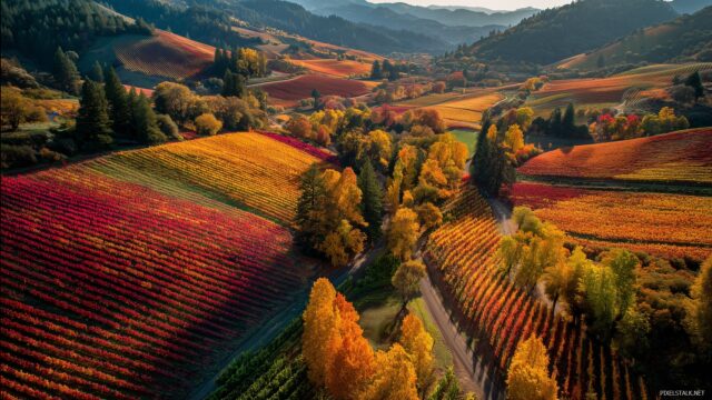 October High Quality Wallpaper, An Aerial View Of A Vibrant Vineyard In Fall Showcasing Rich Hues Of Red And Gold
