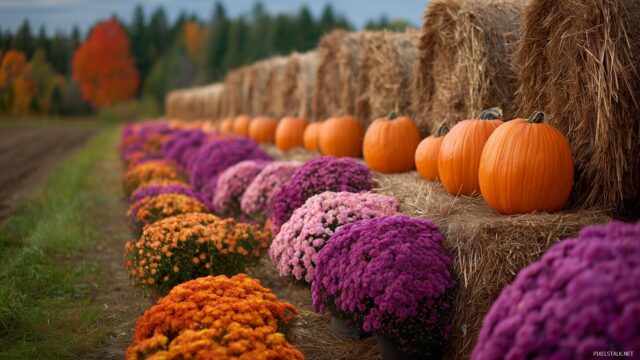 October High Resolution Wallpaper, A Stunning Display Of Pumpkins Lined Up On Hay Bales With Colorful Mums Beside Them