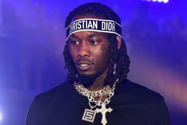 Offset Rapper Close Up Wearing Christian Dior Headband and Diamond Chains Wallpaper