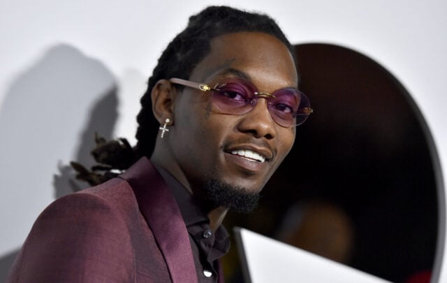 Offset Rapper Stylish Portrait in Purple Suit and Sunglasses Wallpaper