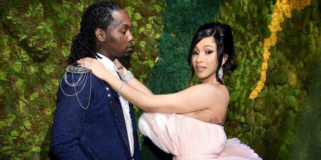 Offset Rapper and Cardi B Elegant Couple Green Floral Background Wallpaper