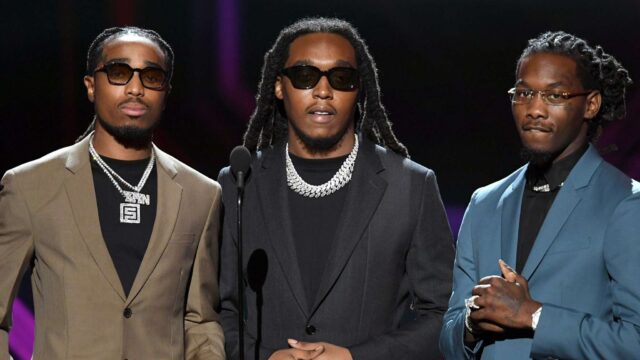Offset Rapper with Quavo and Takeoff Stylish Suits and Chains Wallpaper Background