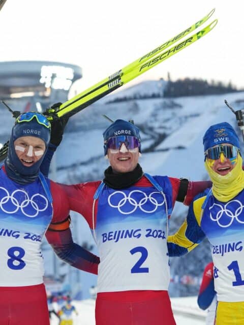 Olympic Biathlon Athletes Celebrate Podium Success