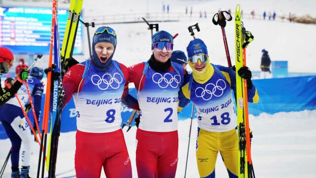 Olympic Biathlon Athletes Celebrating Victory At Beijing 2022