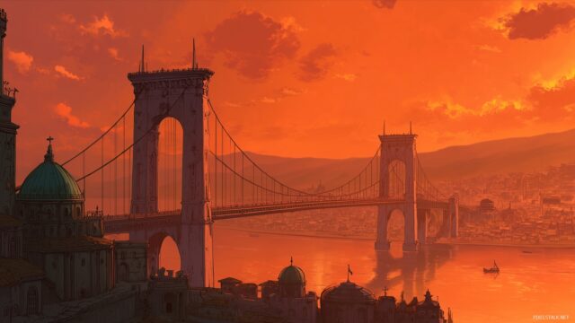 One Piece Background, A Breathtaking View Of Enies Lobby At Sunset With The Iconic Bridge And Buildings Silhouetted Against The Orange Sky