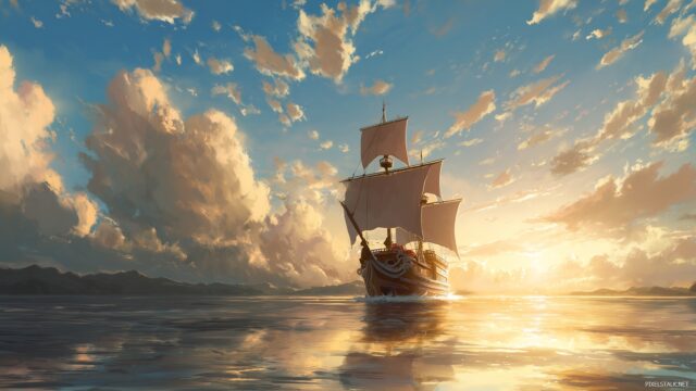 One Piece Background HD, An Artistic Depiction Of The Going Merry Sailing Smoothly Across A Calm Sea, Reflecting Golden Sunlight