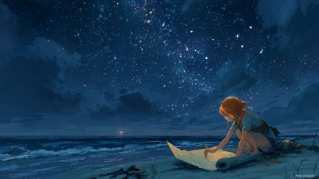 One Piece Background HD Wallpaper, A Serene Portrait Of Nami Mapping Out Their Next Adventure Under The Stars, With A Starry Night Sky And Gentle Waves