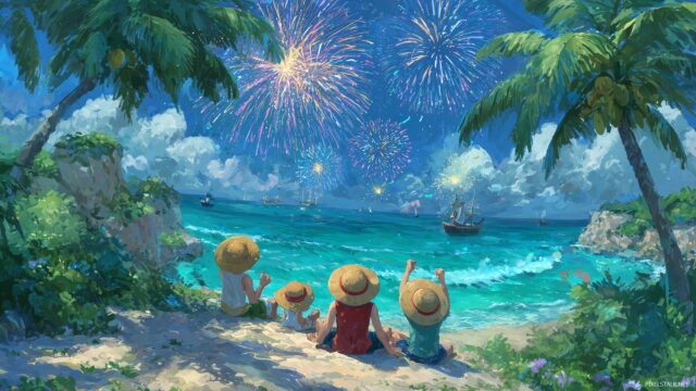 One Piece Background Desktop, A Colorful Depiction Of The Straw Hat Pirates Celebrating A Victory On A Tropical Island, With Fireworks In The Background