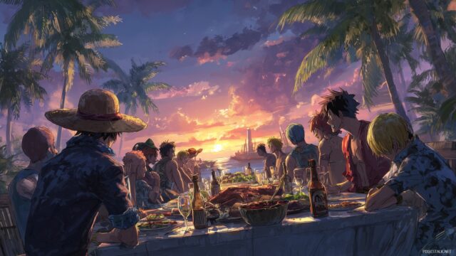 One Piece Background Desktop Wallpaper, A Festive Gathering Of The Crew With A Delicious Feast Laid Out, Surrounded By Palm Trees And A Sunset Sky