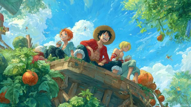 One Piece Background Desktop Wallpaper, A Vibrant Illustration Of Characters Enjoying A Sunny Day On Thousand Sunny, Surrounded By Lush Greenery And Blue Skies
