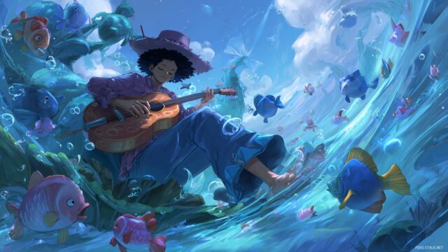 One Piece Background Desktop Wallpaper, A Whimsical Scene Of Brook Playing Music As The Sea Breeze Flows Through, With Colorful Fish Swimming Around