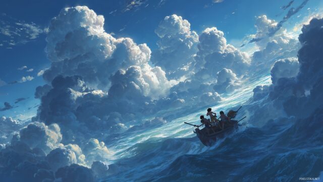 One Piece Background Desktop Wallpaper, An Epic Scene Of Monkey D. Luffy And His Crew Navigating Through The Grand Line With Dramatic Waves And Clouds