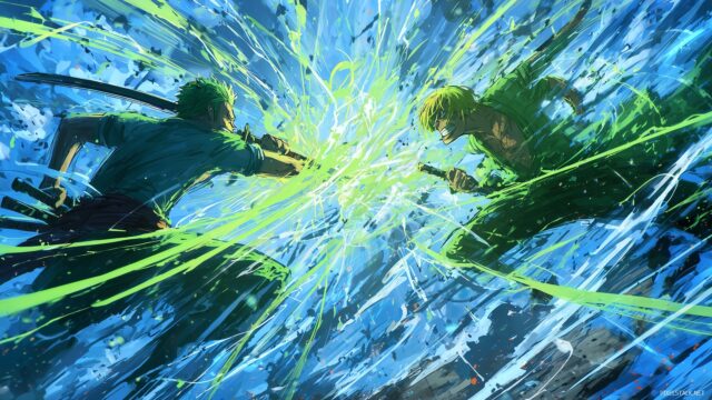 One Piece Background Desktop Wallpaper, A Dynamic Action Shot Of Zoro And Sanji Engaged In An Intense Duel, Surrounded By Motion Lines And Energy Effects