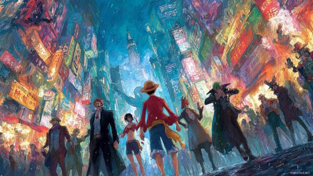 One Piece Background For Desktop, A Thrilling Chase Through A Bustling Cityscape With Various Villains And Characters On The Run, Filled With Action