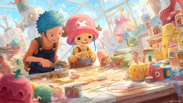 One Piece Desktop Background, A Cheerful Scene Of Chopper And Usopp Crafting Gadgets In The Ship, With Vibrant Colors And Whimsical Designs