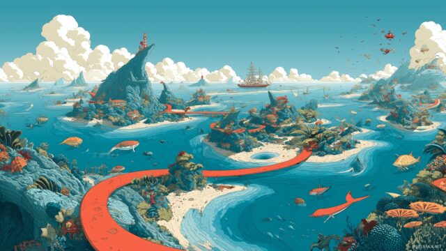One Piece Desktop Wallpaper, An Adventurous Landscape Featuring The Red Line With Various Islands And Sea Creatures To Explore