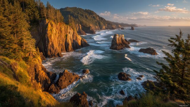 Oregon Desktop Wallpaper, Beautiful Oregon Coastline With Dramatic Cliffs And Waves Crashing Against The Rocks During Golden Hour