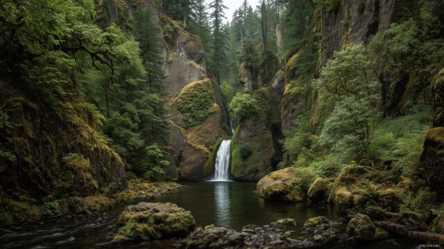 Oregon Desktop Wallpaper HD, Majestic Waterfalls Nestled In The Oregon Wilderness, Surrounded By Rich Greenery And Dramatic Cliffs