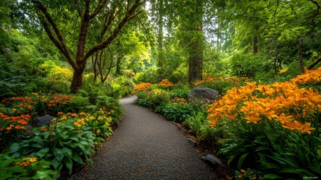 Oregon HD Wallpaper, Lush Greenery And Vibrant Flowers In A Peaceful Oregon Botanical Garden, Perfect For Relaxation And Calmness