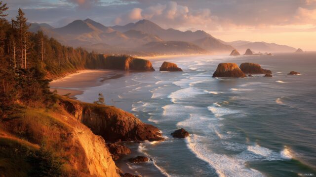 Oregon HD Wallpaper For Desktop Computer, A Breathtaking Sunrise Over Oregon Coastline With Soft Waves Crashing On The Shore