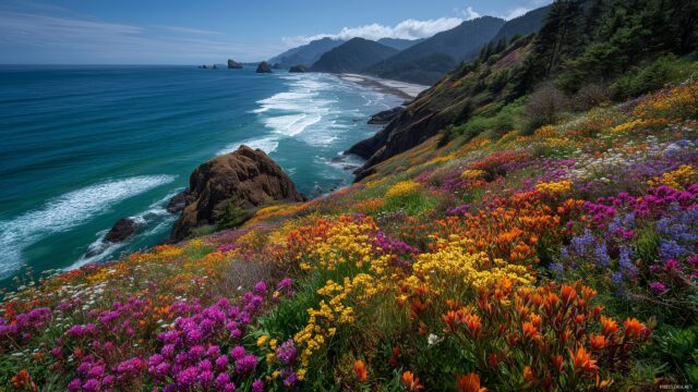 Oregon HD Wallpaper Free Download, The Vibrant Wildflowers Of The Oregon Coast During Spring, Creating A Colorful Carpet Against The Ocean Backdrop