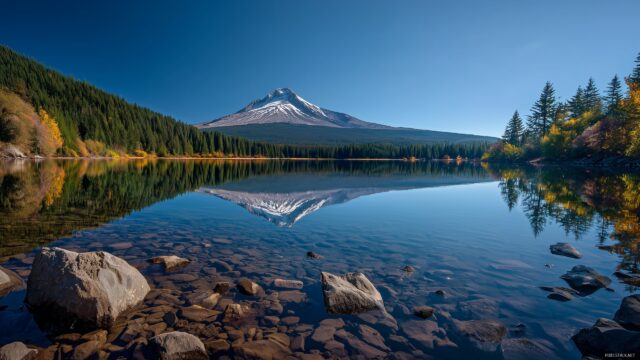 Oregon Wallpaper HD For Desktop Computer, The Iconic Mount Hood Reflected In A Tranquil Alpine Lake Beneath A Clear Blue Sky