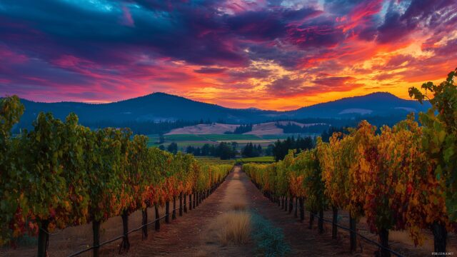 Oregon Wallpaper HD For Mac, A Serene Evening View Of Oregon Vineyards, With Sunset Hues Painting The Sky And Reflected In The Vines