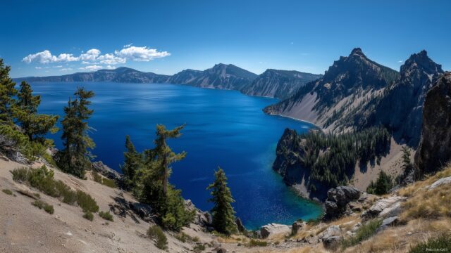 Oregon Wallpaper Free Download, A Panoramic View Of Crater Lake’s Deep Blue Waters Contrasted By Rugged Volcanic Formations