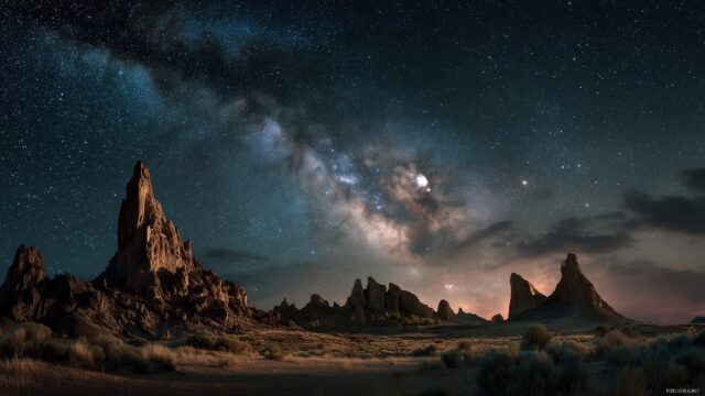 Oregon Wide Screen Desktop Wallpaper, A Stunning View Of The Oregon Desert Landscape With Unique Rock Formations Under A Starry Night Sky