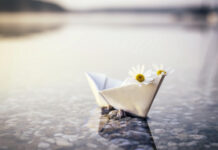 Paper Boat on Water Floral Serenity Wallpaper