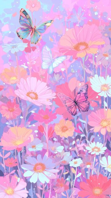 Pastel Cute Background HD Aesthetic, A Whimsical Garden Filled With Pastel Flowers And Butterflies Floating
