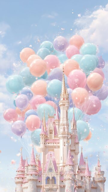 Pastel Cute Background HD For Girls, A Charming Fairy Tale Castle Surrounded By Pastel Colored Balloons