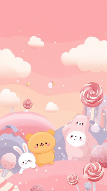Pastel Cute Background HD Wallpaper, An Adorable Cartoon Scene With Smiling Animals In A Candy Land