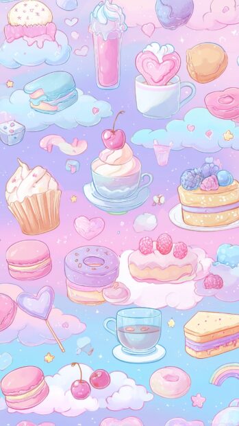 Pastel girly wallpaper, cute sweets and desserts surrounded by clouds of soft pink and blue.