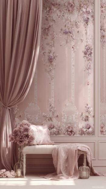 Pastel girly wallpaper, elegant lace patterns entwined with soft florals and delicate ribbons.